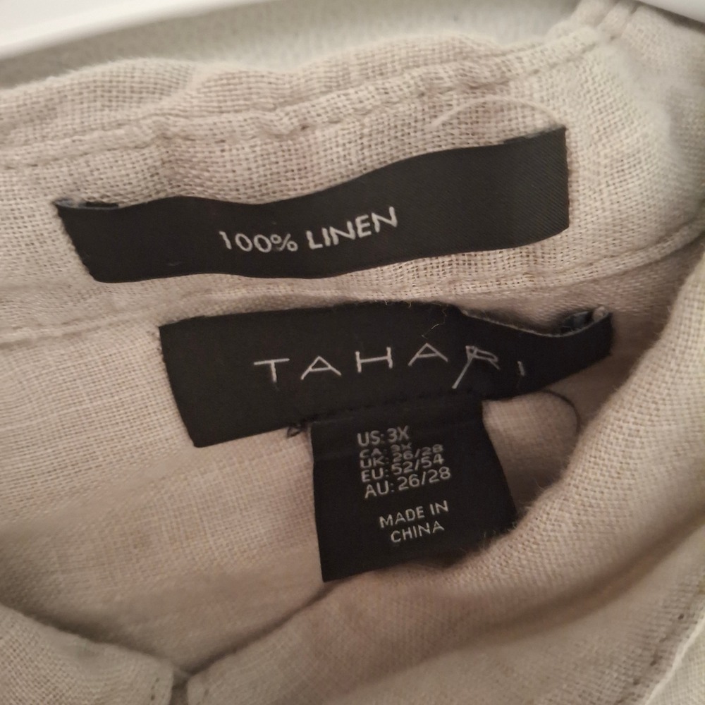 Tahari Womens 3X Beige 100% Linen Peplum Ruffle‎ Hem Button Down Shirt Top - Picture 3 of 5